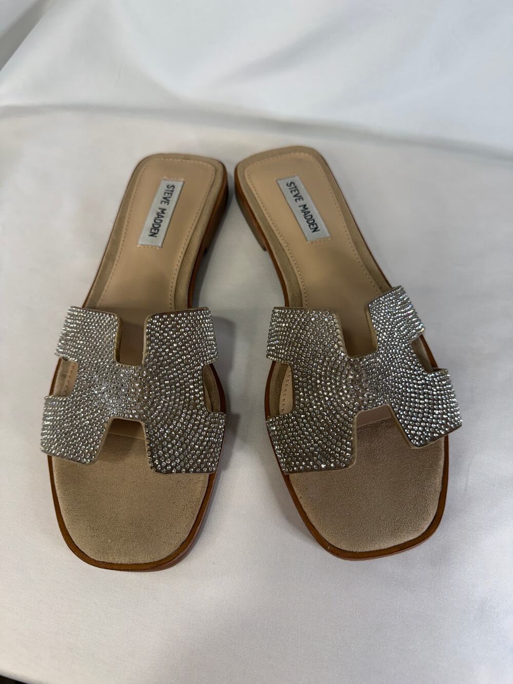 Steve Madden Womens 8 Rhinestone H Slide Sandals Silver Crystal Flat Shoes